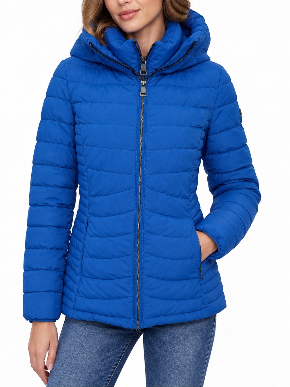 DKNY women's jacket Sz- S in bright blue, featuring a built-in "bib-front" inser